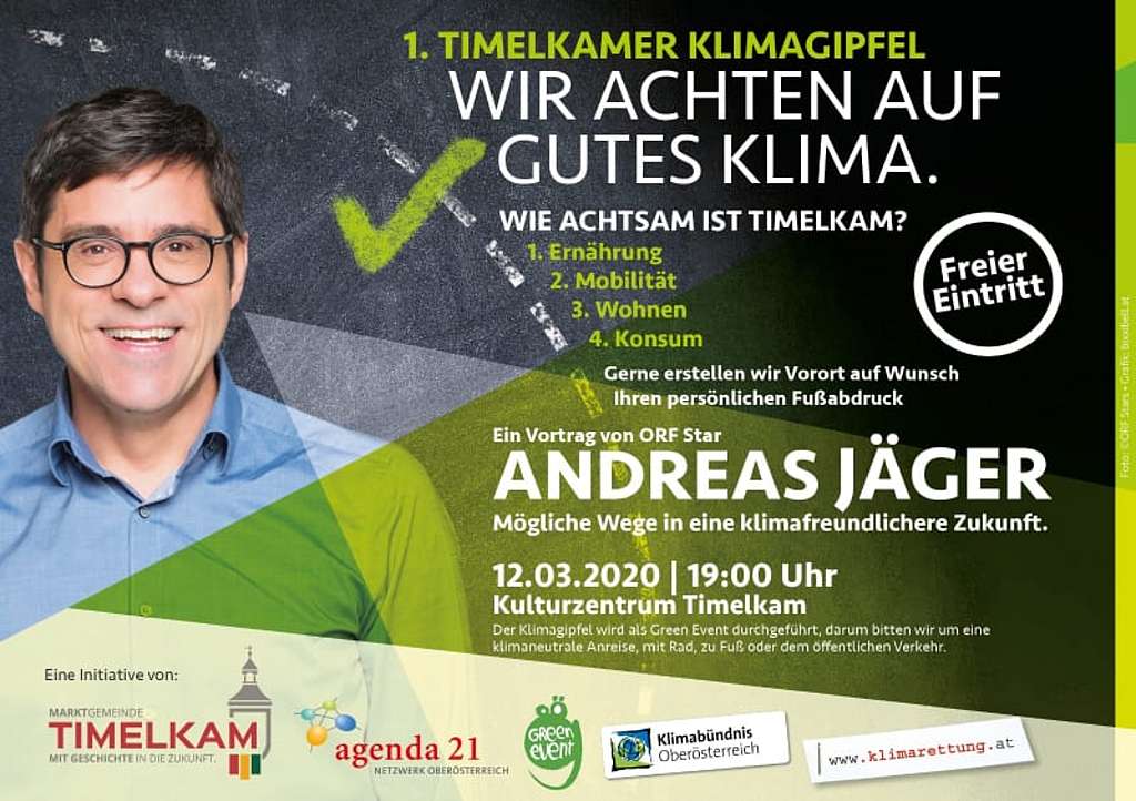 Einladungsfolder mit der Aufschrift Klimagipfel Timelkam am 12. März und dem Porträt von Andreas Jäger