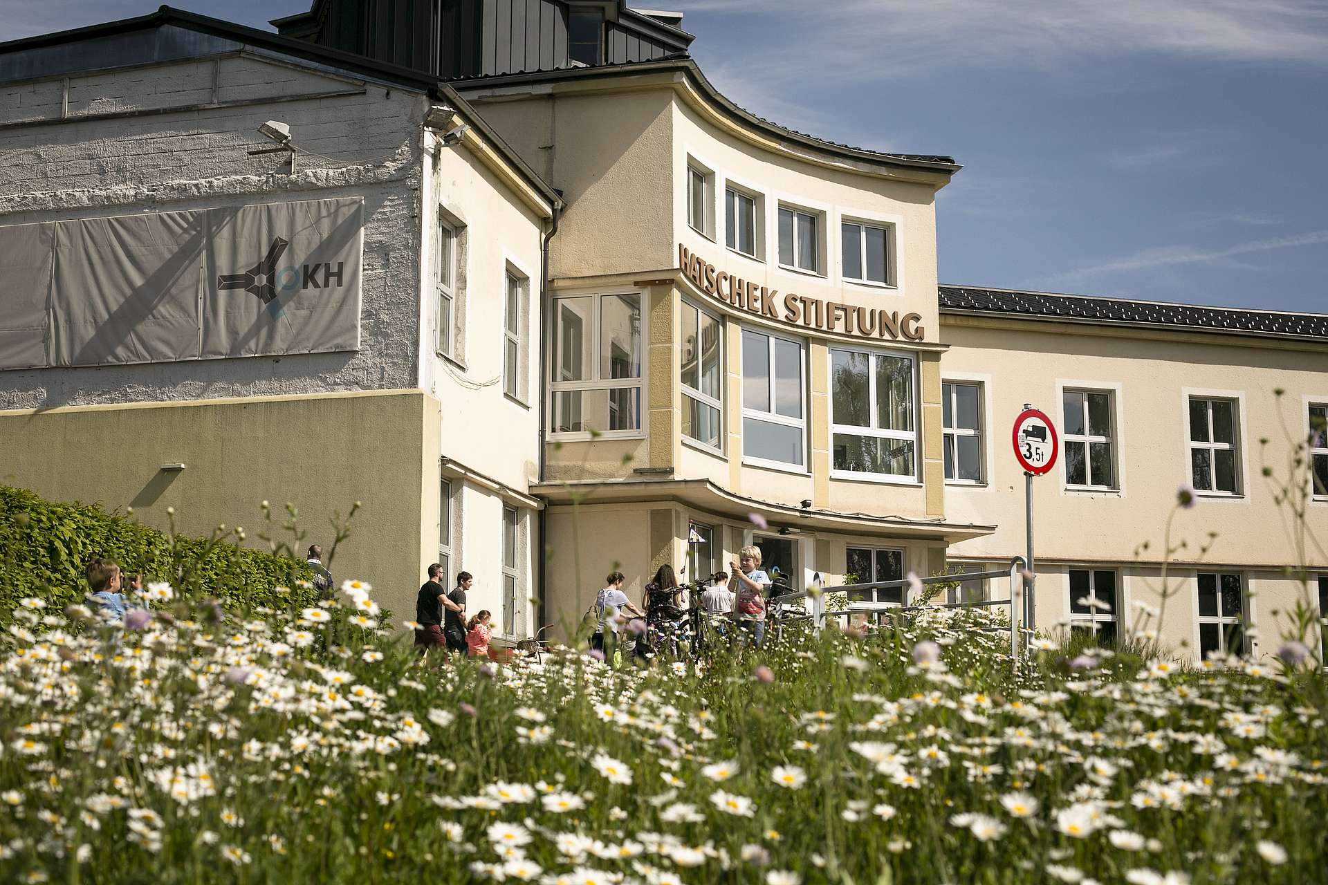 Die Hatschek-Stiftung in Vöcklabruck, im Vordergrund eine Margeritenwiese