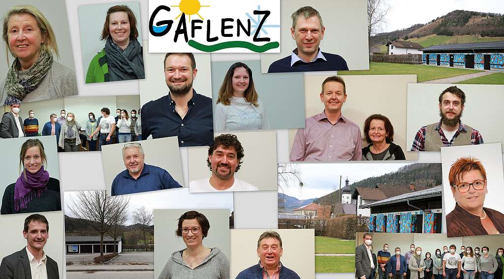 Fotocollage mit 15 Porträts der Kernteammitglieder und dem Schriftzug Gaflenz.